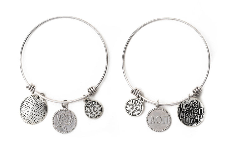 Alpha Omicron Pi Expandable Wire Bangle Bracelet - White Gold Plated