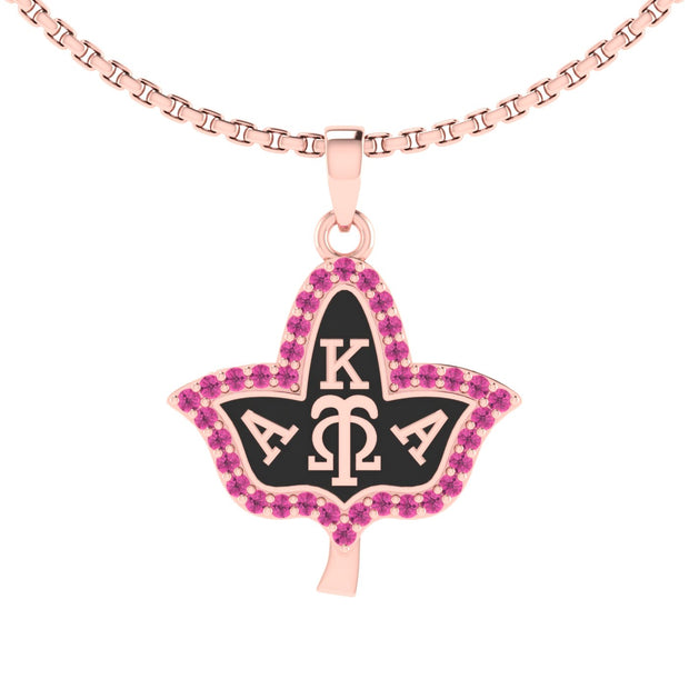 Alpha Kappa Alpha Ivy Leaf Pink Crystals and Black Enamel Rose Gold Plated Silver Necklace（P006）