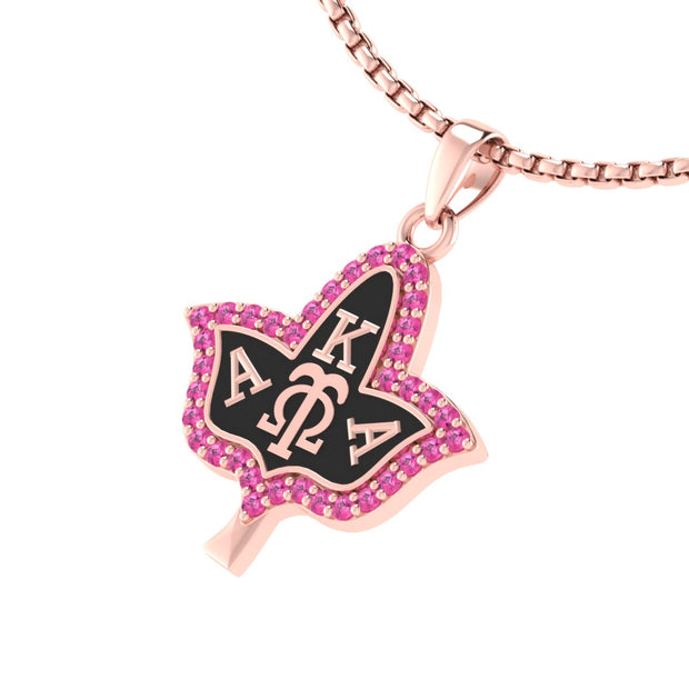 Alpha Kappa Alpha Ivy Leaf Pink Crystals and Black Enamel Rose Gold Plated Silver Necklace（P006）