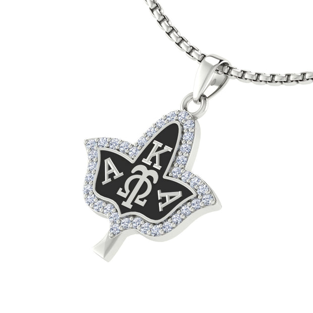 Alpha Kappa Alpha Ivy Leaf Black Enamel Sterling Silver Necklace (P009)