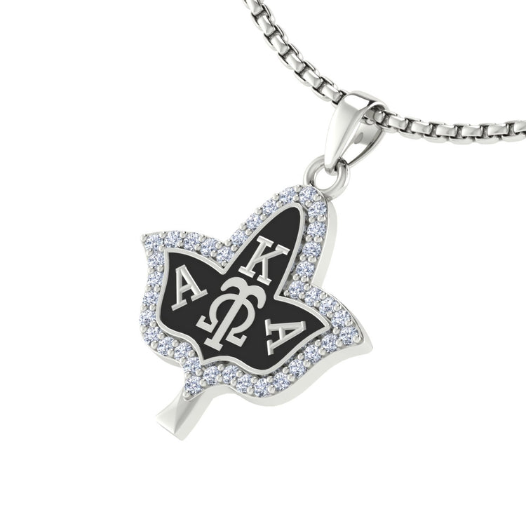 Alpha Kappa Alpha Ivy Leaf Black Enamel Sterling Silver Necklace (P009