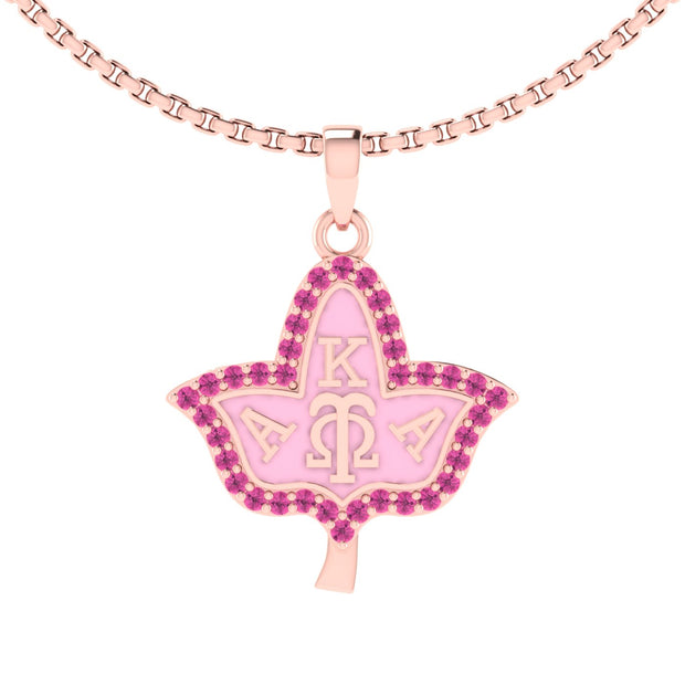 Alpha Kappa Alpha Ivy Leaf Pink Plated and Pink Enamel Silver Necklace (P010)