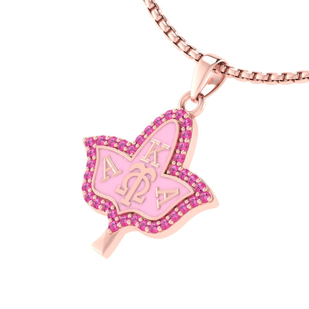 Alpha Kappa Alpha Ivy Leaf Pink Plated and Pink Enamel Silver Necklace (P010)