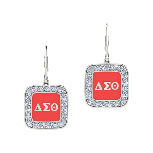 Delta Sigma Theta Cushion Shape Silver Red Enamel Earrings (E007)