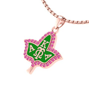 Alpha Kappa Alpha Pink Plated Ivy Leaf Green Enamel Sterling Silver Necklace (P008)