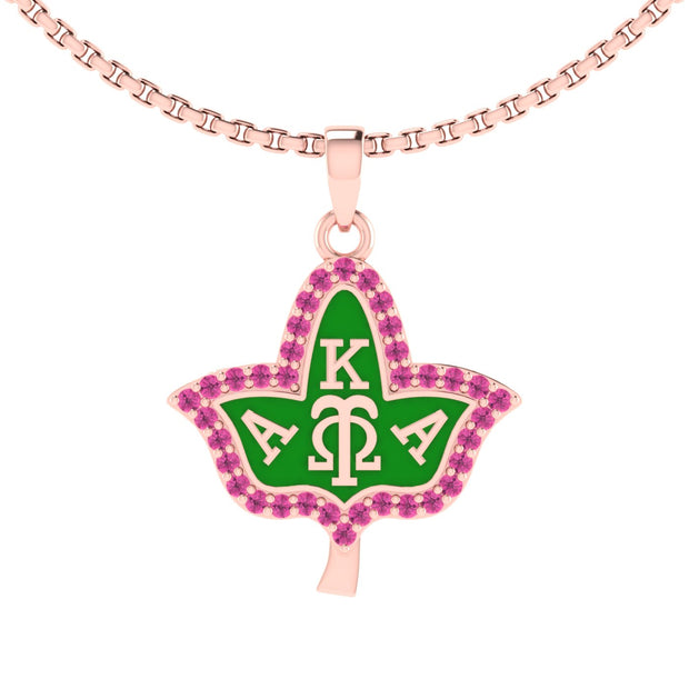 Alpha Kappa Alpha Pink Plated Ivy Leaf Green Enamel Sterling Silver Necklace (P008)