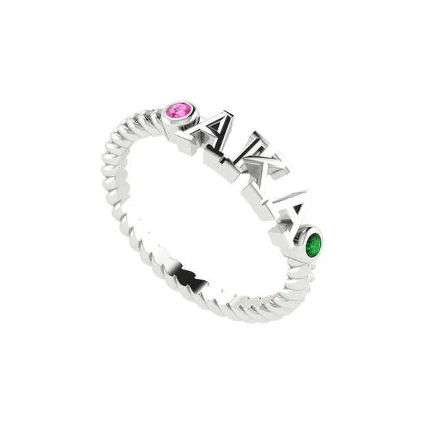 Alpha Kappa Alpha twisted Silver Ring Green and Pink Crystal (R006)