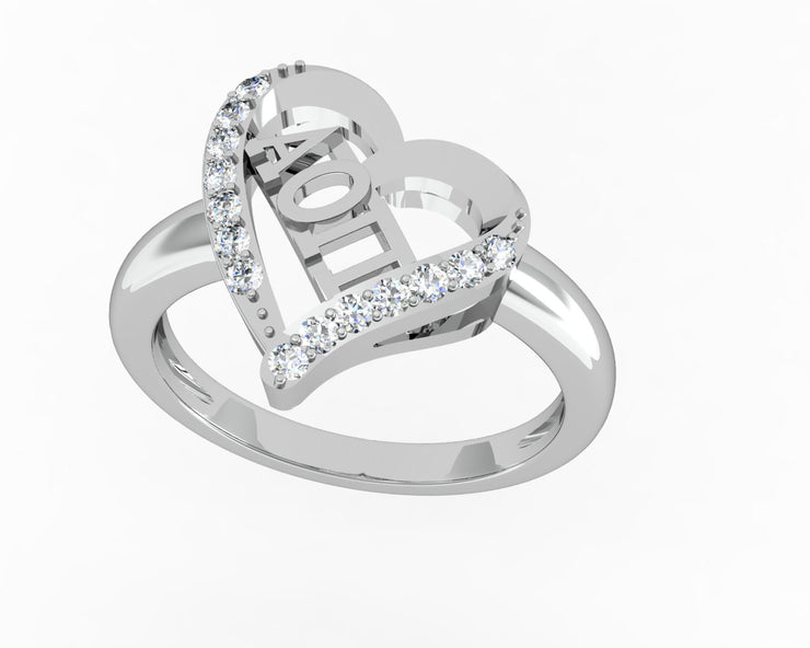 Alpha Omicron Pi Ring - Heart Shape Design, Sterling Silver  (AOP-R002)