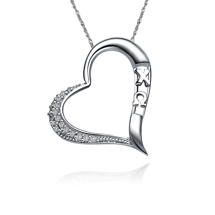 Chi Omega Necklace -  Embedded Heart Design, Sterling Silver (CO-P009)