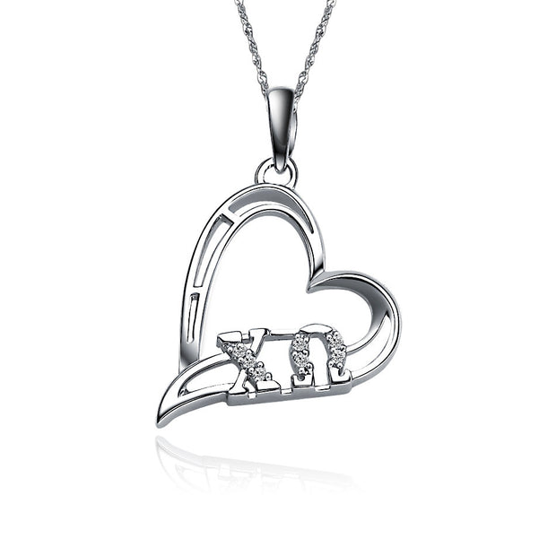 Chi Omega Necklace - Heart Shape Design, Sterling Silver (P008)