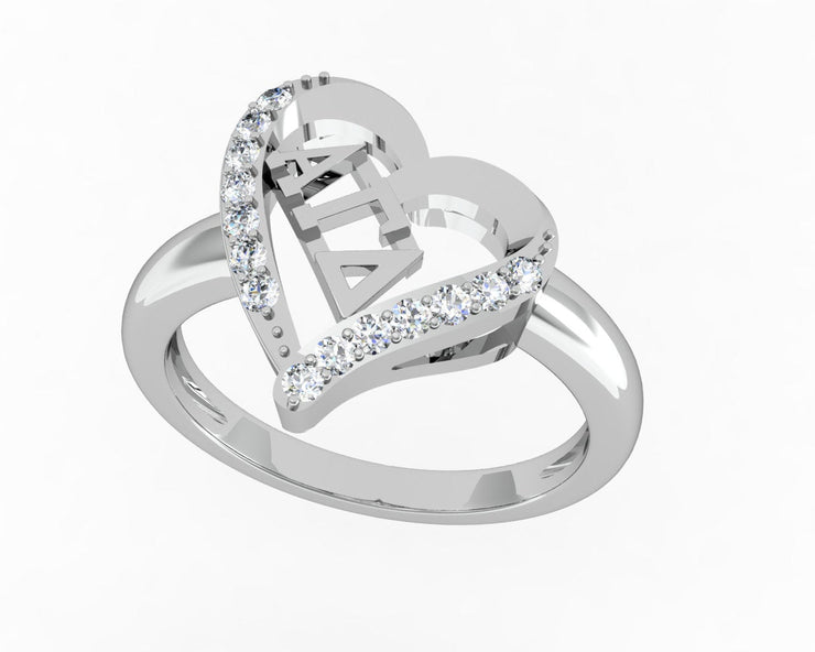 Alpha Gamma Delta Ring, Heart Shape Design, Sterling Silver (AGD-R002)