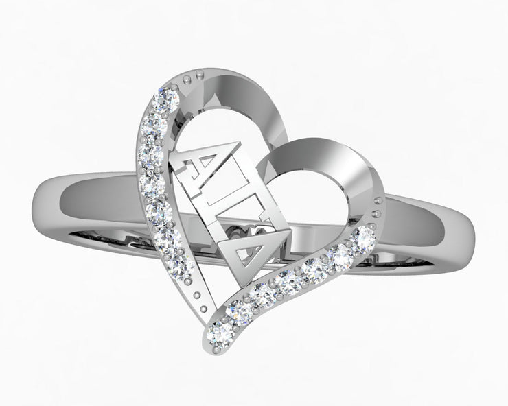 Alpha Gamma Delta Ring, Heart Shape Design, Sterling Silver (AGD-R002)