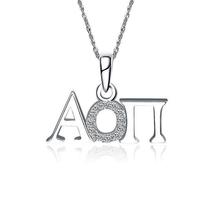 Alpha Omicron Pi Necklace, Horizontal Design, Sterling Silver (AOP-P003)