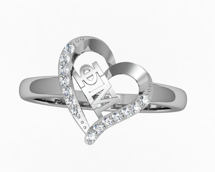 Phi Mu Silver Ring, Heart Design, Sterling Silver (PM-R002)