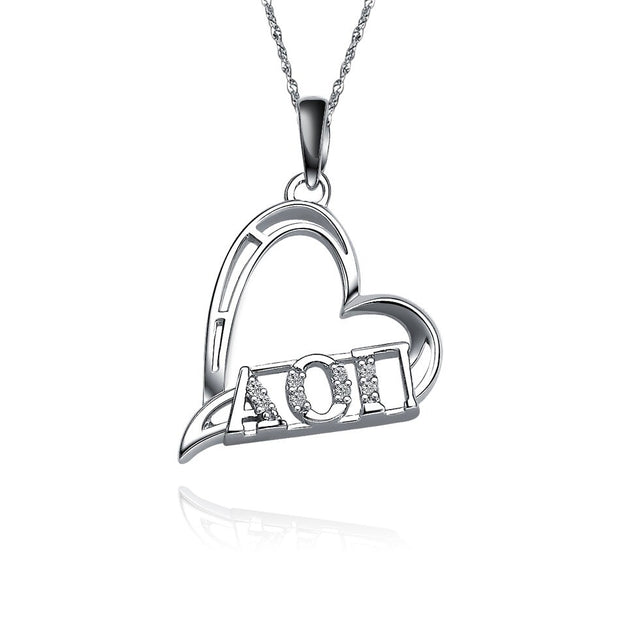 Alpha Omicron Pi Lavalier, Heart Design, Sterling Silver (P010)