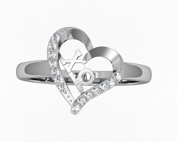 Chi Omega Ring - Heart Design, Sterling Silver (R003)