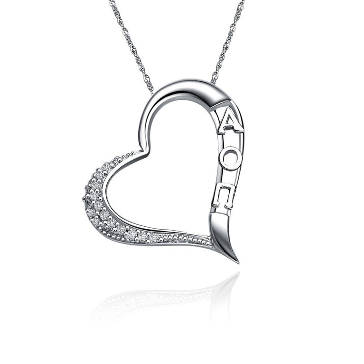 Alpha Omicron Pi Lavalier,  Embedded Heart Shape Design, Sterling Silver (AOP-P011)