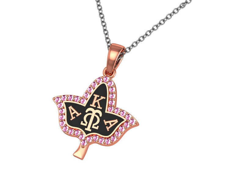 Alpha Kappa Alpha Ivy Leaf Pink CZs and Black Enamel Rose Gold Plated Silver Necklace（P006）