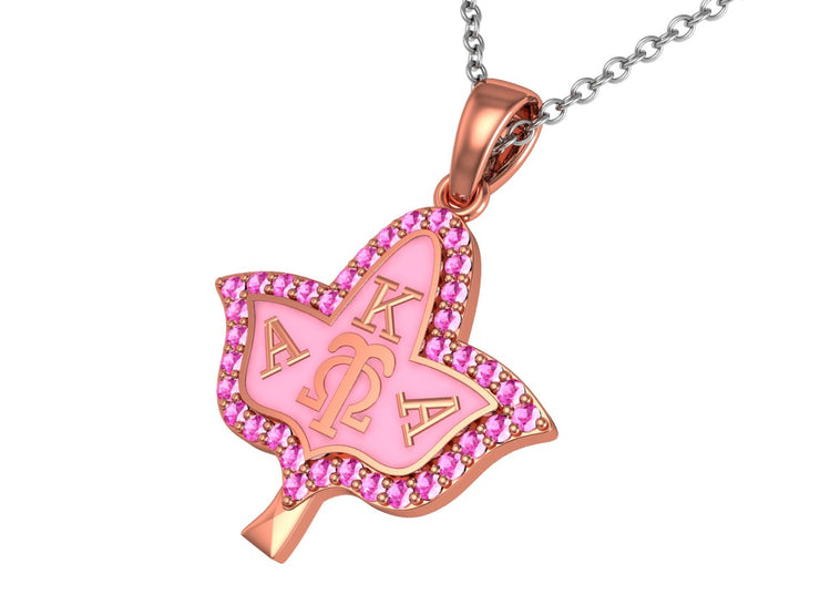 Alpha Kappa Alpha Ivy Leaf CZs and Pink Enamel Gold Plated Silver Necklace (P010)