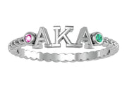 Alpha Kappa Alpha twisted Silver Ring Green and Pink Crystal (R006)